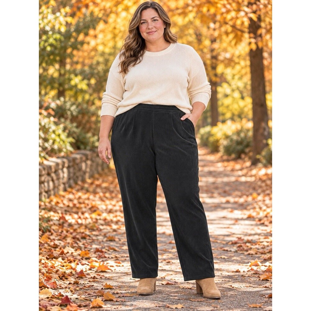 L.L.Bean Women’s Black Corduroy Pull-On Pants Plus 2X Straight Leg Pockets 30"
